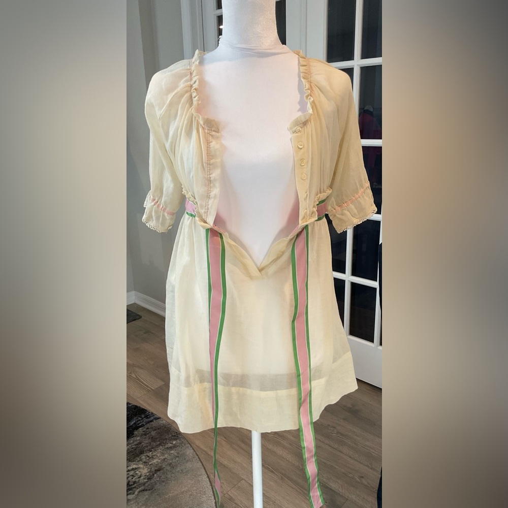 NWT Free People Cream Gauze Empire Waist Tunic Blouse – Pink & Green Ribbon - Picture 4 of 16